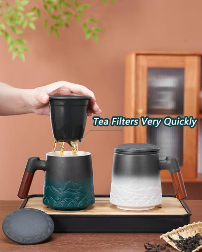 ZENS Tea Mug with Infuser and Lid for Loose Leaf Tea Steeper, 16.9oz Moss | Embossed Ceramic Tea Cup with Infuser for Herbal Tea Difussers, Tea Lovers Gifts, Nature Wood Handle
