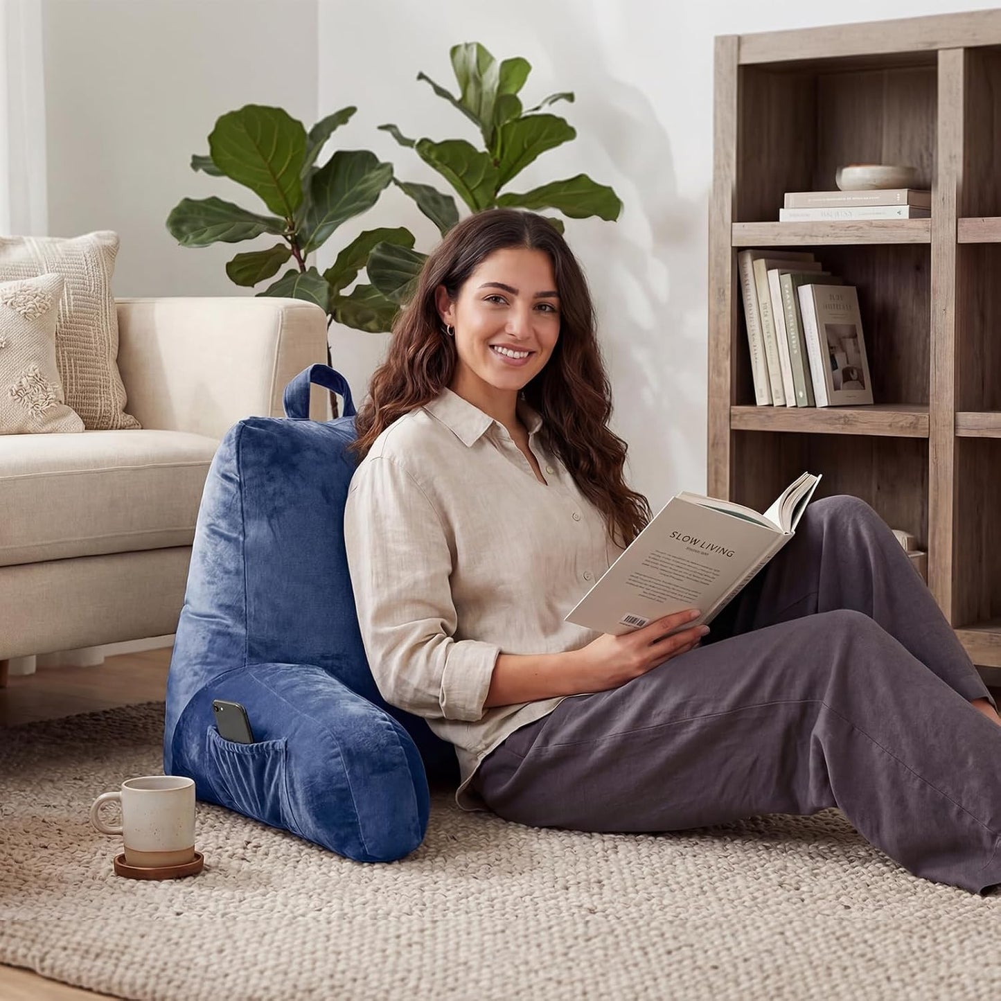 Reading Pillow for Bed with Arm Support, Large Backrest Cushion for Sitting Up in Bed, Plush Ergonomic Back Pillow for Reading, Watching TV, Gaming & Relaxing,Pillow with Shredded Memory Foam,Grey