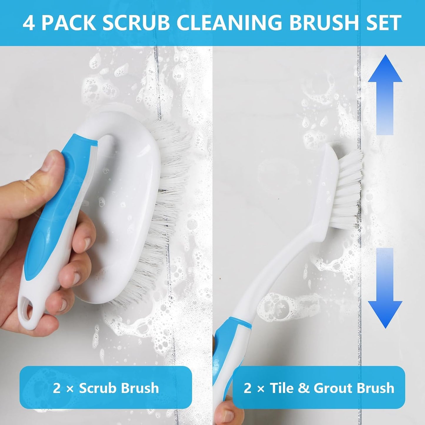 Scrub Brush Set, 4 Pack Deep Cleaning Brush Kit, Green | 2 Scrub Brush, 2 Tile & Grout Brush with Built-in Scraper, Household Commercial Scrubber for Floor, Shower, Pool Wall, Tub