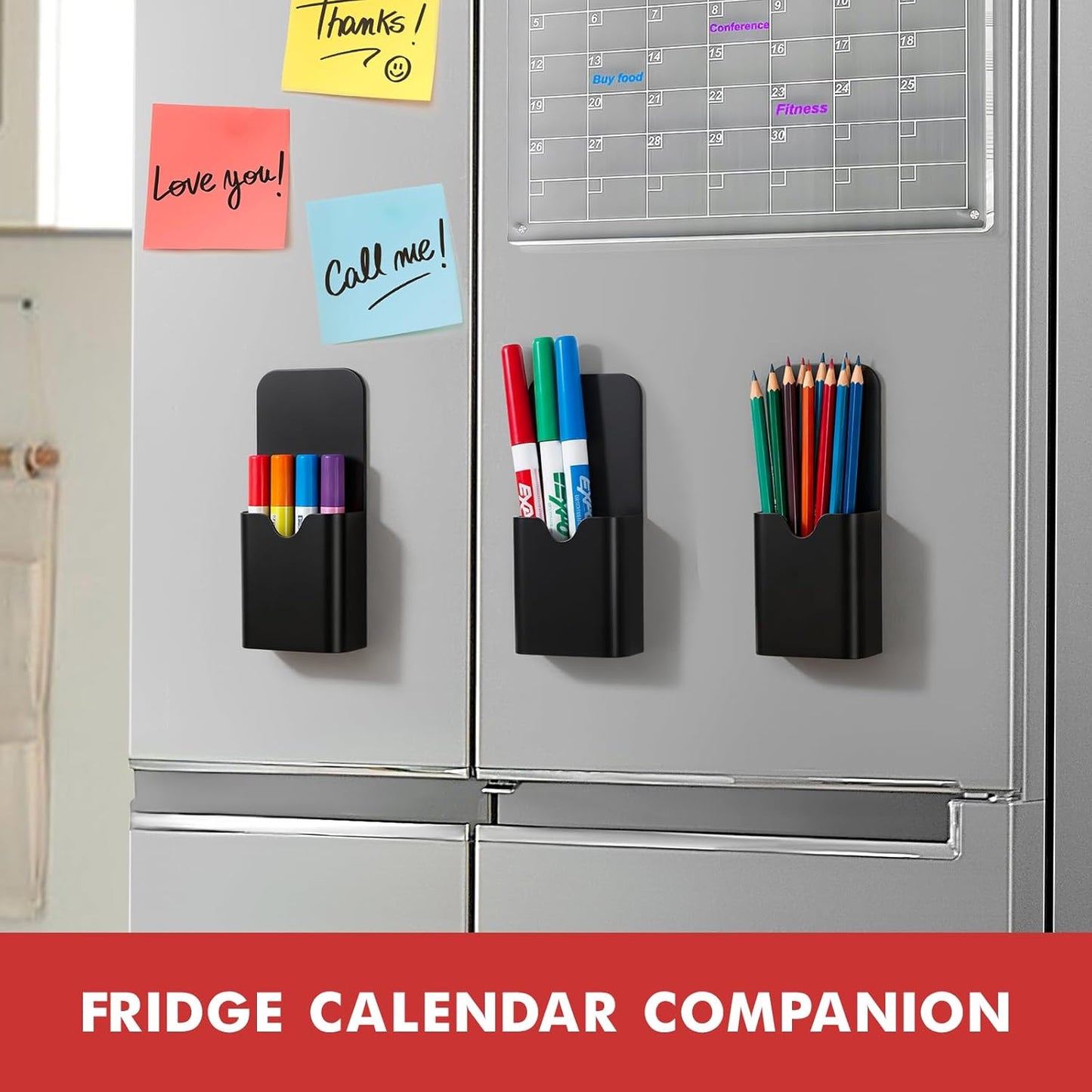 BEYGORM Magnetic Pen Holder for Refrigerator, Pencil Cup Organizer (Black) | Upgraded 1.5mm thick magnetic backing for whiteboards, lockers & fridge; 4 Pcs dry erase marker holder for classroom & office
