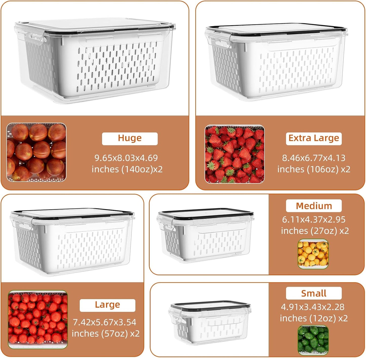 KEMETHY 10 Pack Fruit Storage Containers for Fridge with Removable Colanders - Food Storage Containers with Lids, BPA-Free Produce Containers Keep Fruits, Vegetables, Berry, Meat Fresh Longer