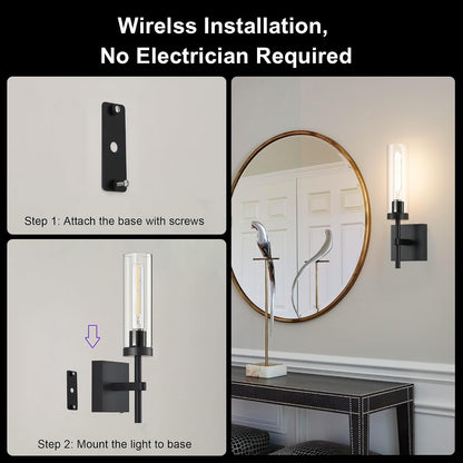 Wireless Wall Sconces with Remote Control, Battery Operated Wall Sconce Set of 2, Black & Gold Rechargeable Dimmable Wall Light for Bedroom Living room Bathroom Hallway Entryway Stairwell, 3000K