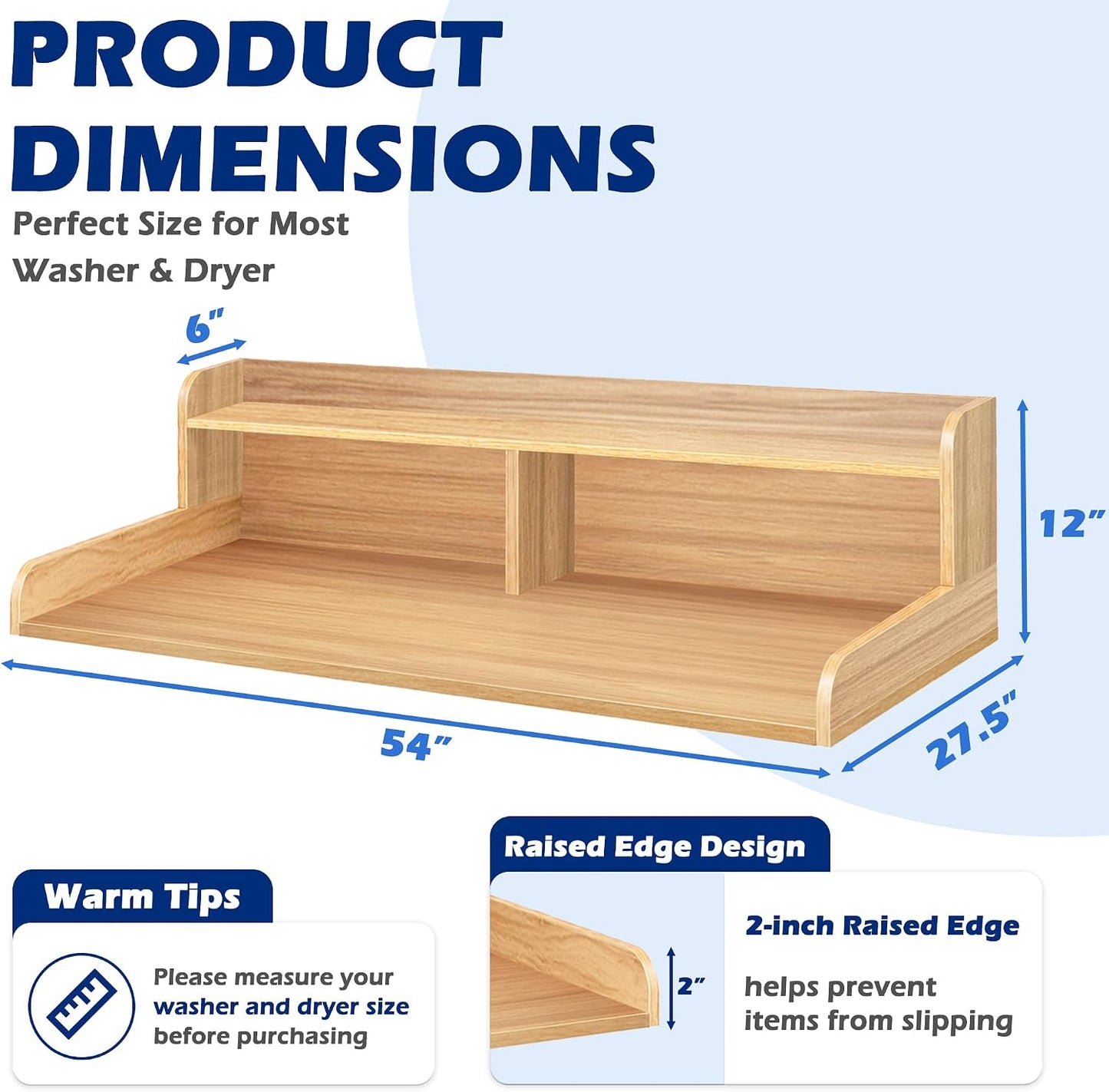 Royxen Laundry Countertop with Storage Universal Fit, Washer and Dryer Countertop with Shelf, Laundry Room Storage, 2-Tier Shelf (Oak)