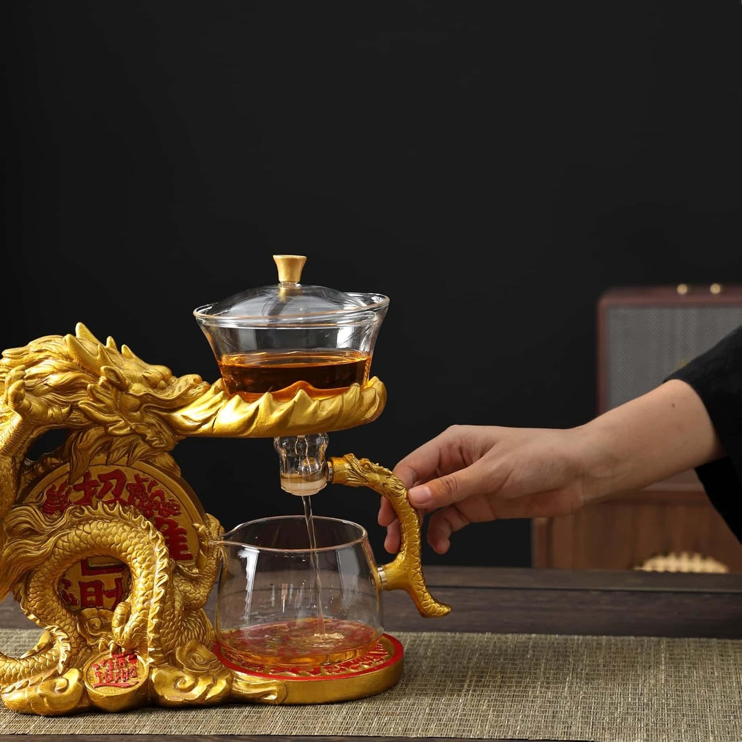 Glass Teapot Set with Infuser Semi Automatic Dragon Tea Set (Blue golden teapot)