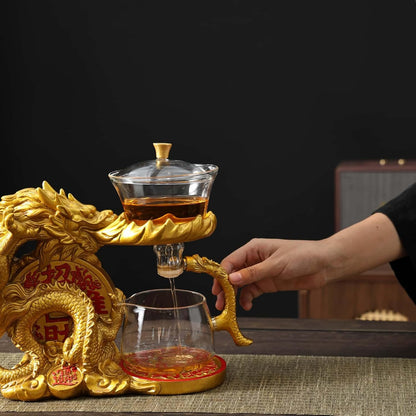 Glass Teapot Set with Infuser Semi Automatic Dragon Tea Set (Blue golden teapot)