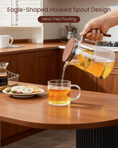 ZENS Magnetic Glass Infuser Teapot for Loose Tea, 27oz Walnut Wood Handle | Magic Teapot with Infuser, Echanted Tea Maker, Mess-Free Loose Leaf Tea Diffusers for Tea lover Gifts