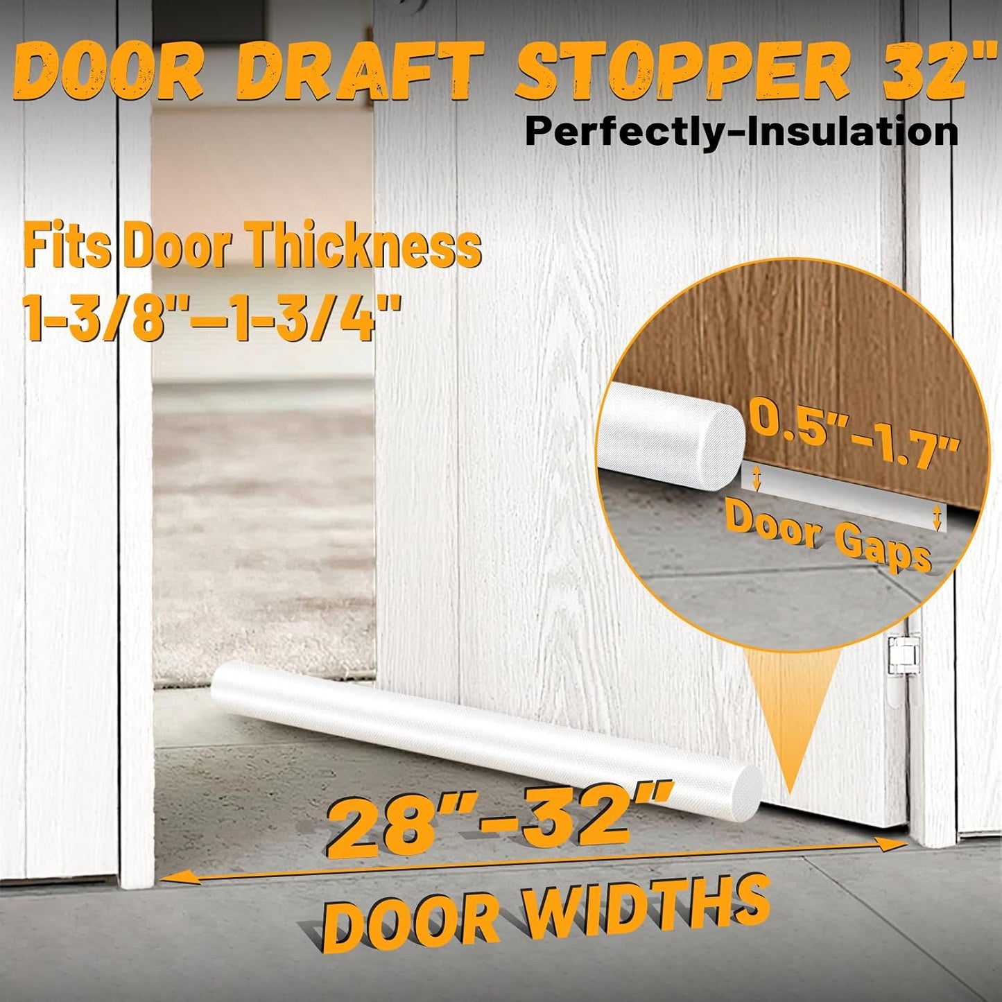 MAXTID Large Door Draft Stopper 30 Inch for Small Bedroom, Fits 1.7" Gaps | Small Size Bedroom Door, Fits 0.5 to 1.7" Gaps, White Under Door Draft Blocker, Seal Gap, Draft Guard for Bottom of Doors