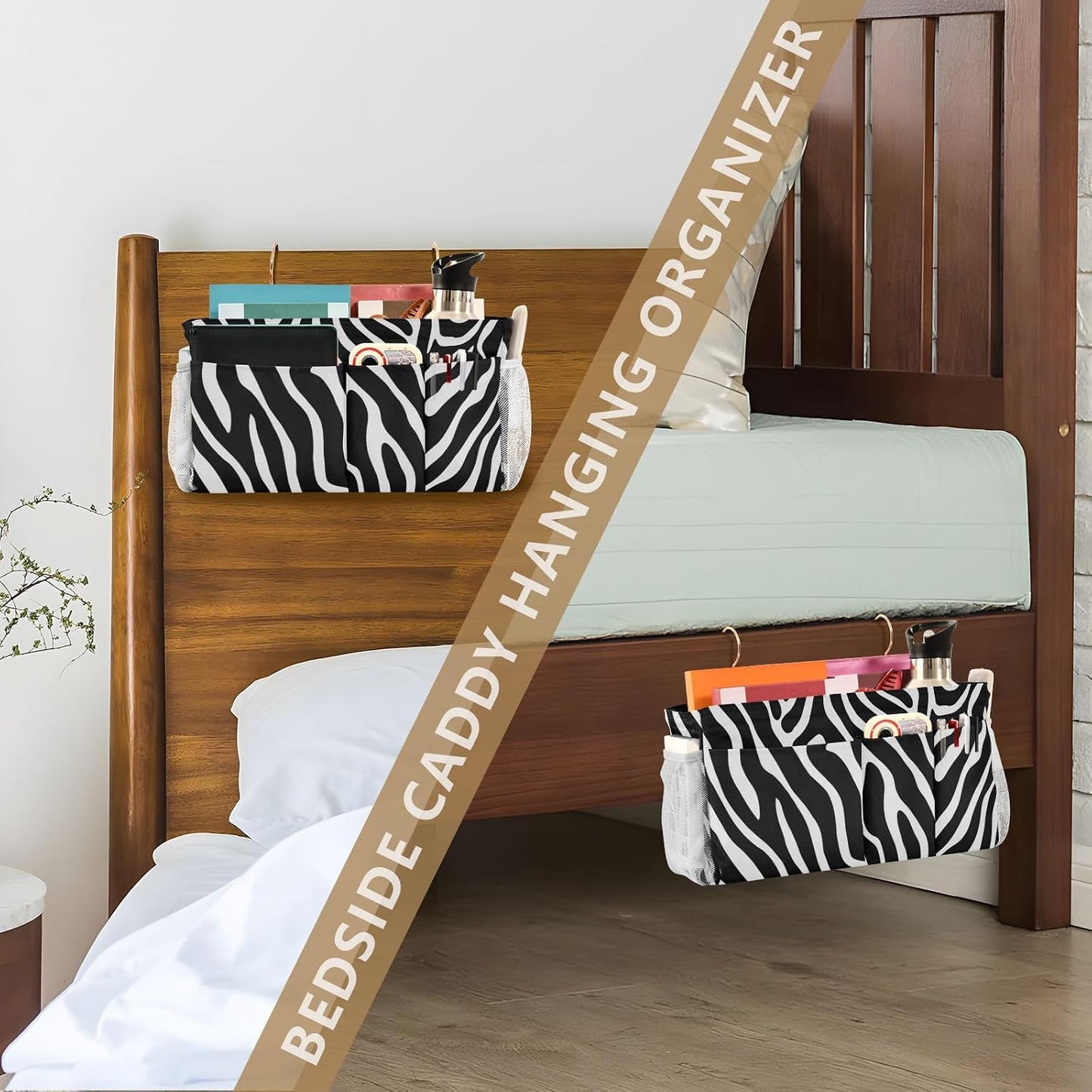 Bedside Caddy Hanging Bunk Bed Caddy Bed Organizer Hanging Pocket with 2 Hooks Bedside Storage Organizer Pocket Bag Holder Checkered Light Green - Colors B