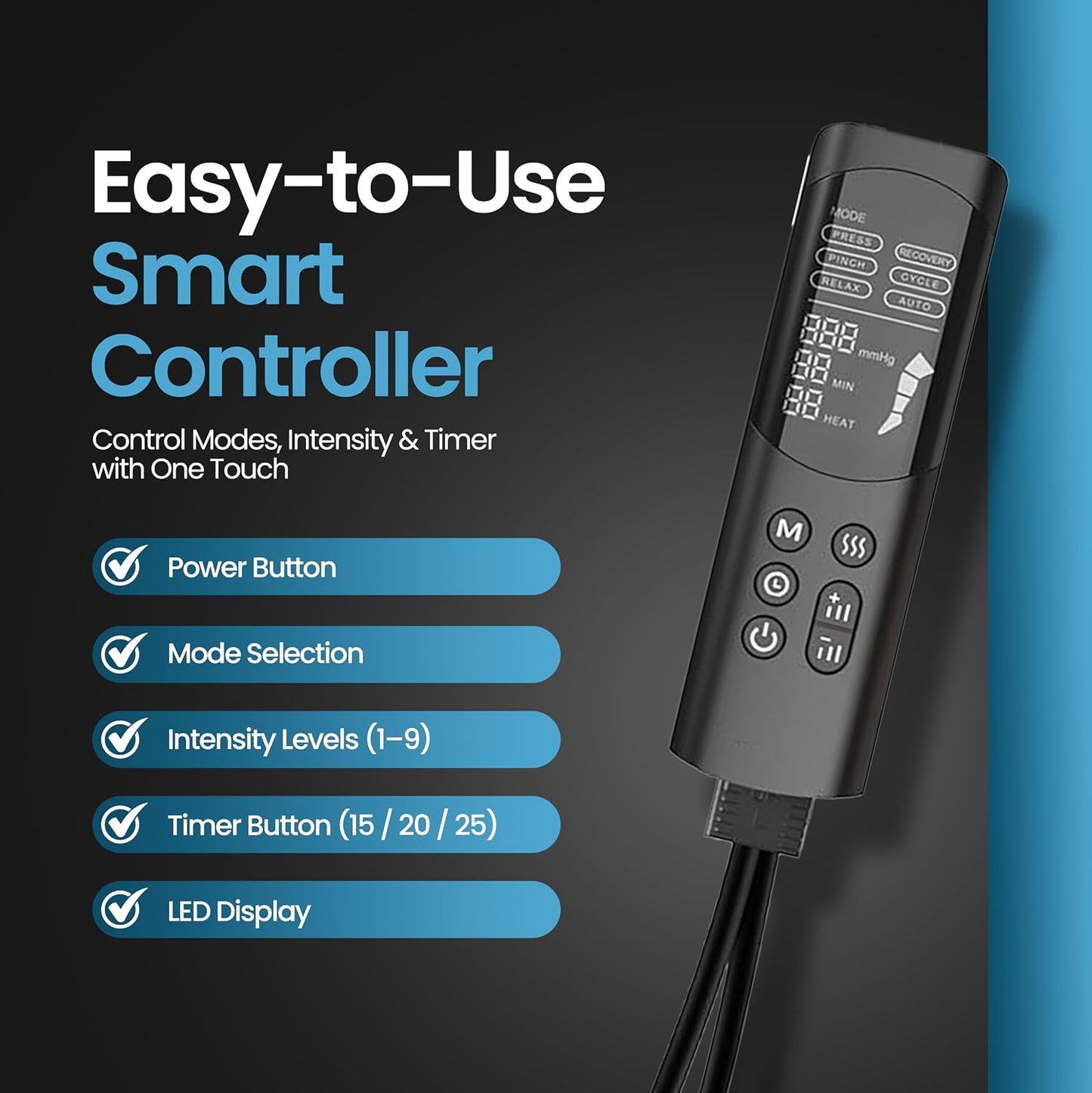 Leg Massager with Heat for Feet, Calves & Thighs, Air Compression | Handheld controller, 9 intensities, 6 modes, 3 heat levels; feet, calves & thighs, circulation & pain relief, USA Owned