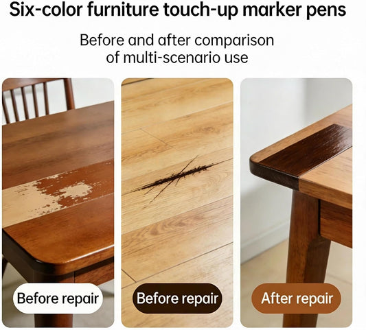 Furniture Repair Kit Wood Markers, 6 Colors Furniture Markers Touch Up, Quick‑Drying Furniture Scratch Repair Pen for Wooden Floors, Cabinets, Doors, Tables, Chairs