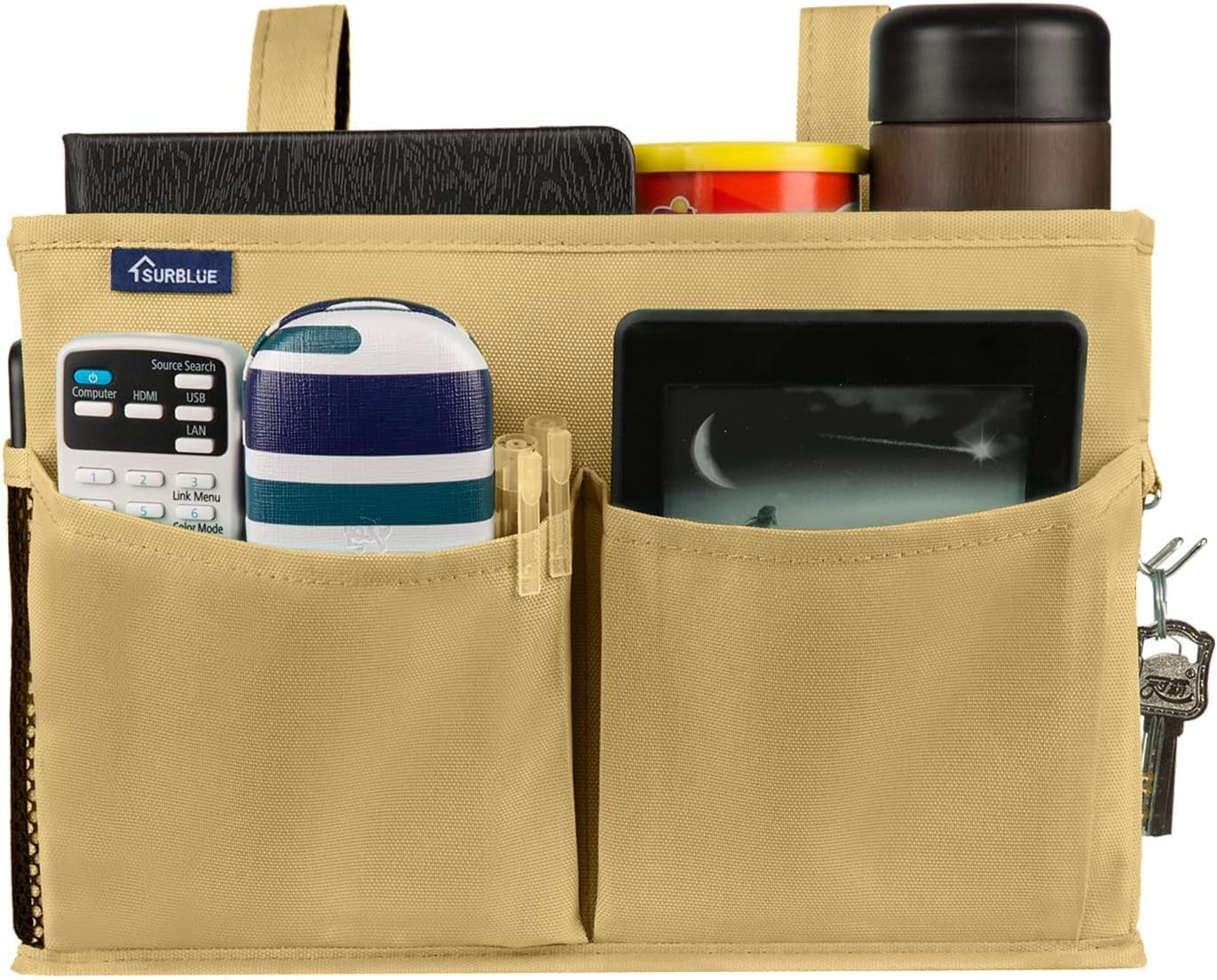 Surblue Bedside Caddy Hanging Organizer Storage Bag Pocket for Bunk, Hospital, College Dorm Rooms, Baby Bed Rails, Camp - 4 Pockets, 2 Hooks (Blue)