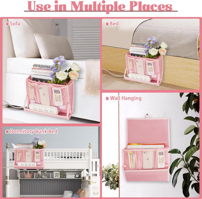 Bedside Caddy Organizer for Dorm Bed Rails with 7 Pockets, Gray | Bed Pockets Bedside Storage with Power Strip Holder & 2 Adjustable Straps for Home, College, Dorm, Hospital Bedside Organizer