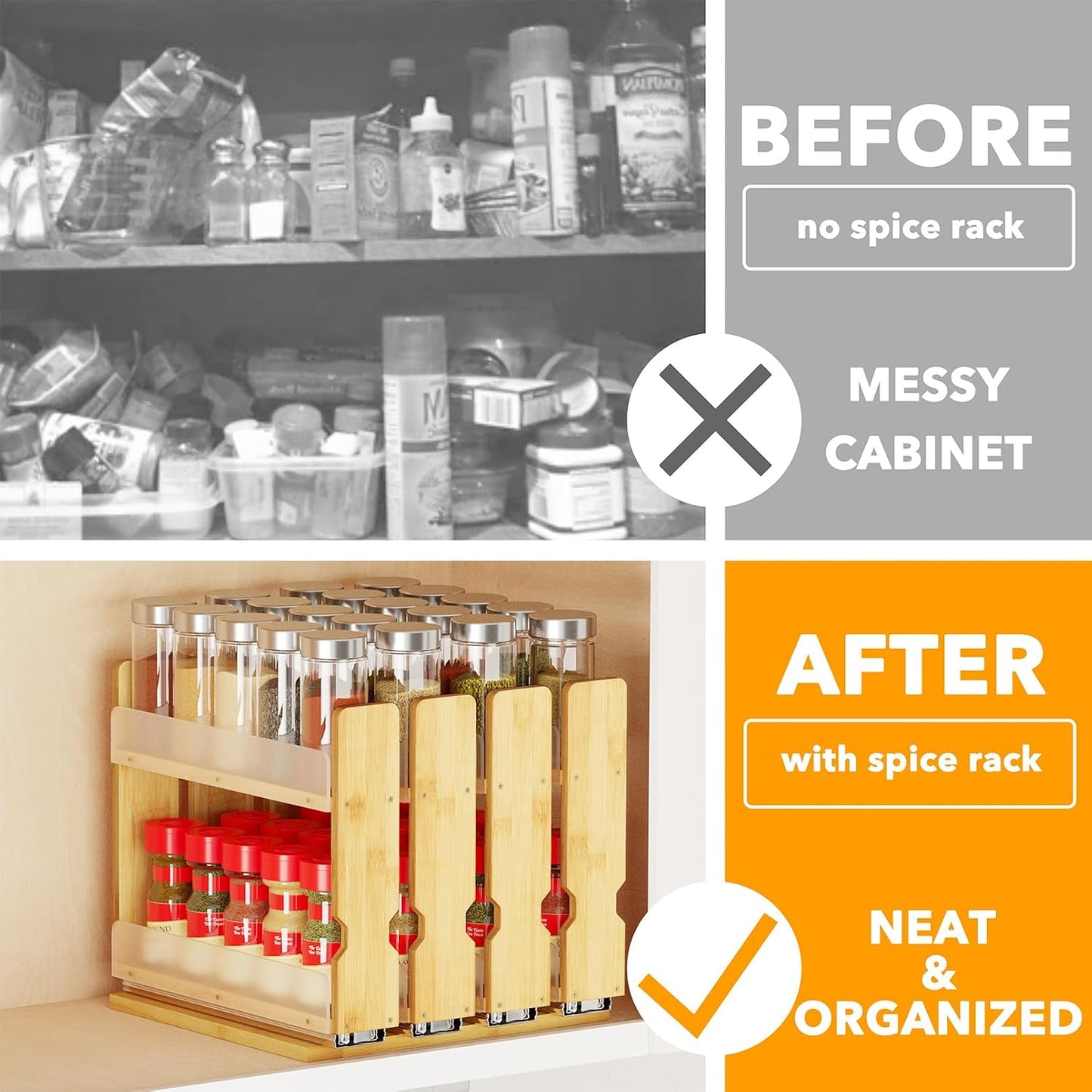 SpaceAid Bamboo Pull Out Spice Rack Organizer for Cabinet, Heavy Duty Slide Out Seasoning Kitchen Pantry Sliding Vertical Organization, 7.6" Wide, 3 Drawers(2" Wide), 2-Tier, Natural