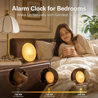 JALL Full-Screen Wake Up Light Sunrise Alarm Clocks for Bedrooms, White Noise Machine for Heavy Sleepers, 25 Natural Sounds, Dual Alarms, FM Radio, 17 Dimmable Colors, Bluetooth Speaker