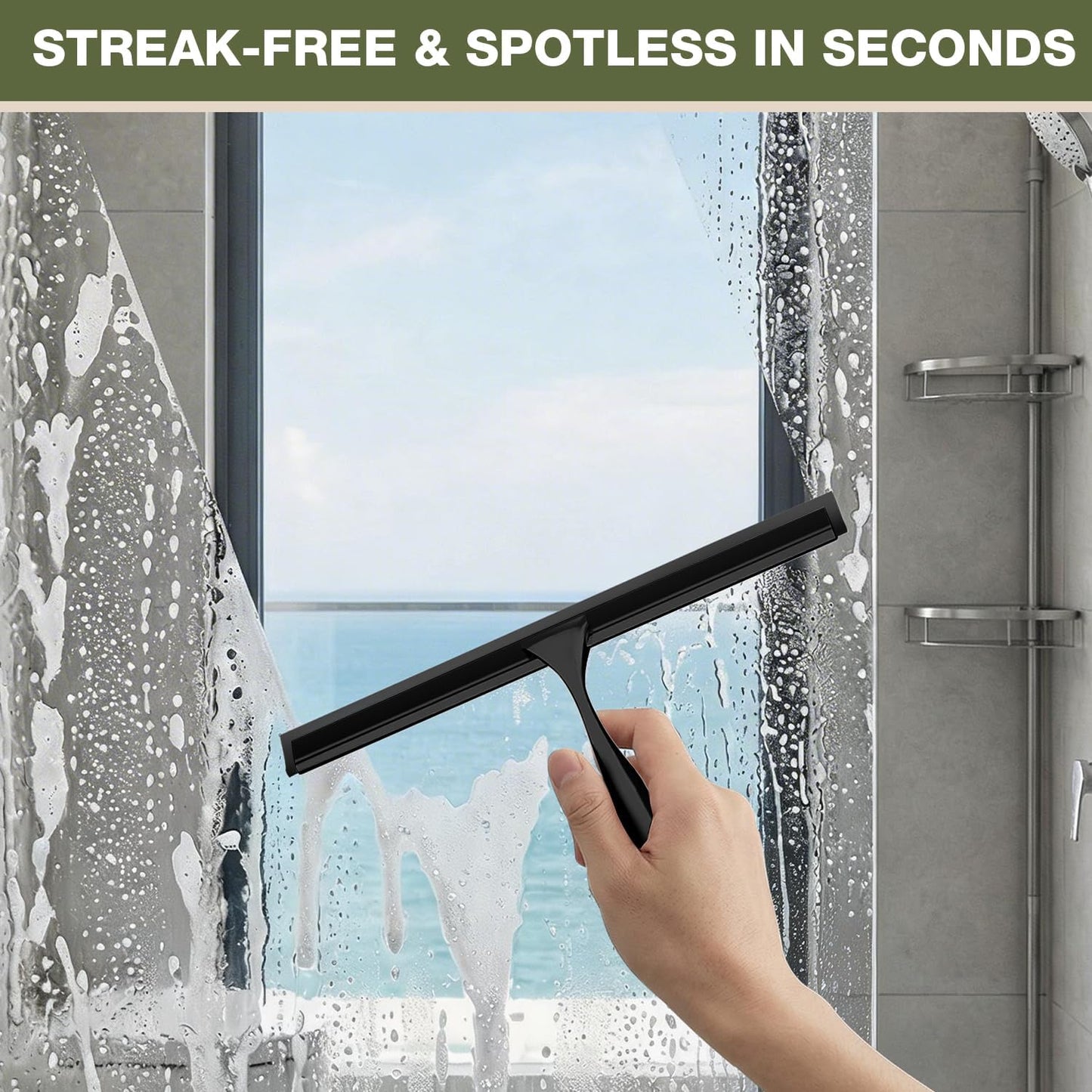 FARMER 10-Inch Shower Squeegee for Glass Doors, Windows and Mirrors, Black | Suction Wall Hook, Over-Door Hook, Non-Scratch Blade with Quiet Glide for Multi-Surface Cleaning on Glass, Tile and Mirrors