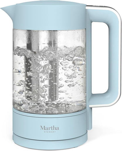 Martha Stewart 1.7L Glass Carafe Electric Kettle with Removable Tea Infuser | 7 Cups, 4 Presets, Rapid Boiling, Stainless Steel Tea Leaf Infuser, Cordless Swivel Base, Keep Warm, Auto Shut-Off, Linen