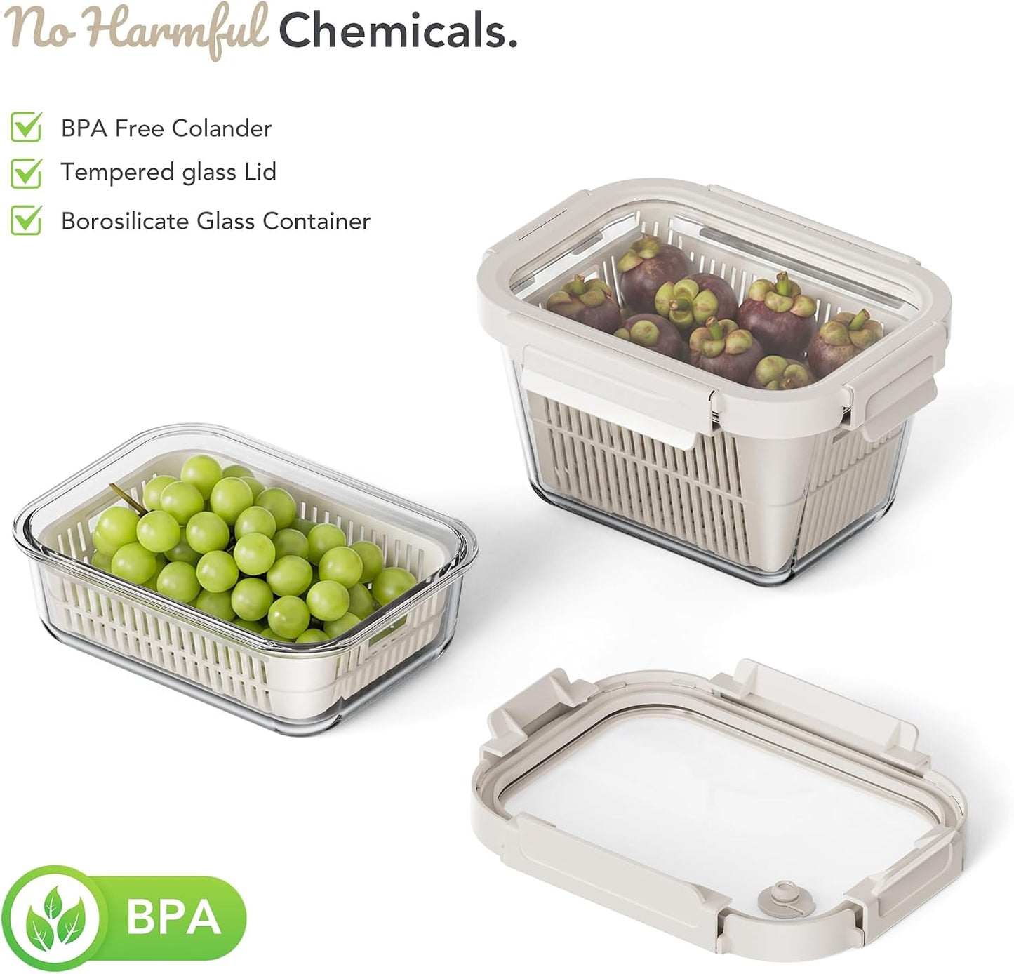 Glass Produce Storage Containers for Fridge, 2-Pack – Airtight Fruit & Vegetable Containers with Removable Colanders, Flexible Silicone Lids,LeakProof, BPA-Free Borosilicate Glass