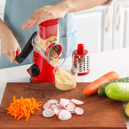 Geedel Rotary Cheese Grater, Kitchen Mandoline Vegetable Slicer with 3 Interchangeable Blades, Easy to Clean Rotary Grater Slicer for Fruit, Vegetables, Nuts | 3 Blades, 430 Stainless Steel, 12x Fast Cutting, Strong Suction Base, No BPA, Dishwasher Safe,