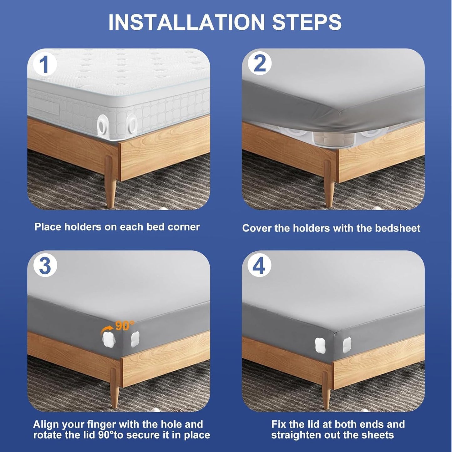 Bed Sheet Holders for Corners: 4 Pack Twist-Lock Clips Keep Sheets Tight Heavy-Duty Grippers Quick Install Fits All Mattresses（Grey）