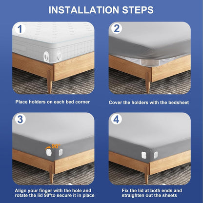 Bed Sheet Holders for Corners: 4 Pack Twist-Lock Clips Keep Sheets Tight Heavy-Duty Grippers Quick Install Fits All Mattresses（Grey）