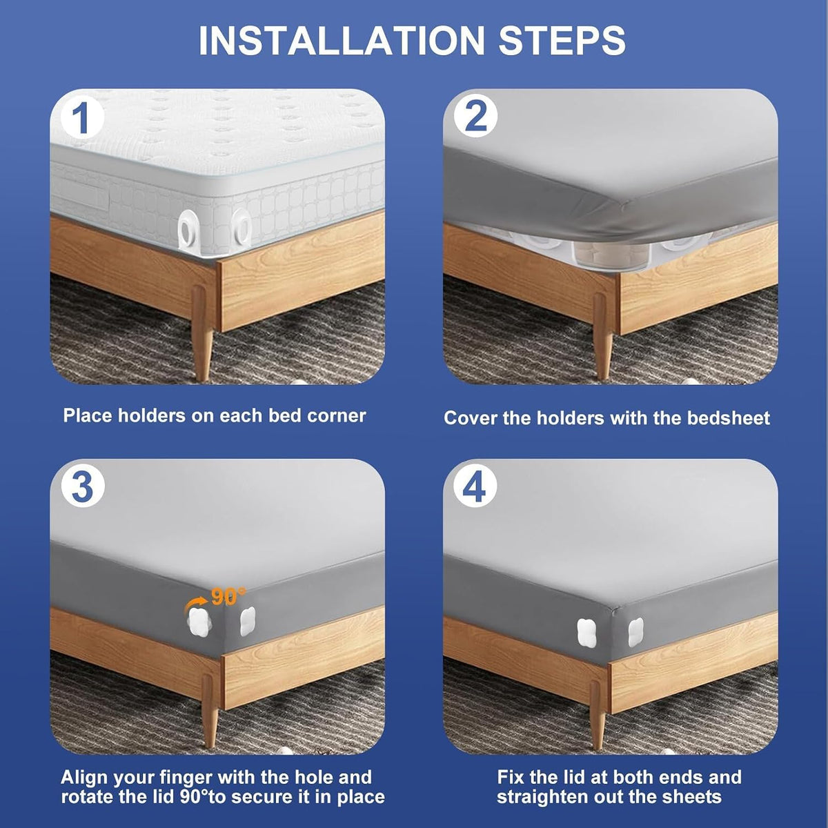Bed Sheet Holders for Corners: 4 Pack Twist-Lock Clips Keep Sheets Tight Heavy-Duty Grippers Quick Install Fits All Mattresses（Grey）