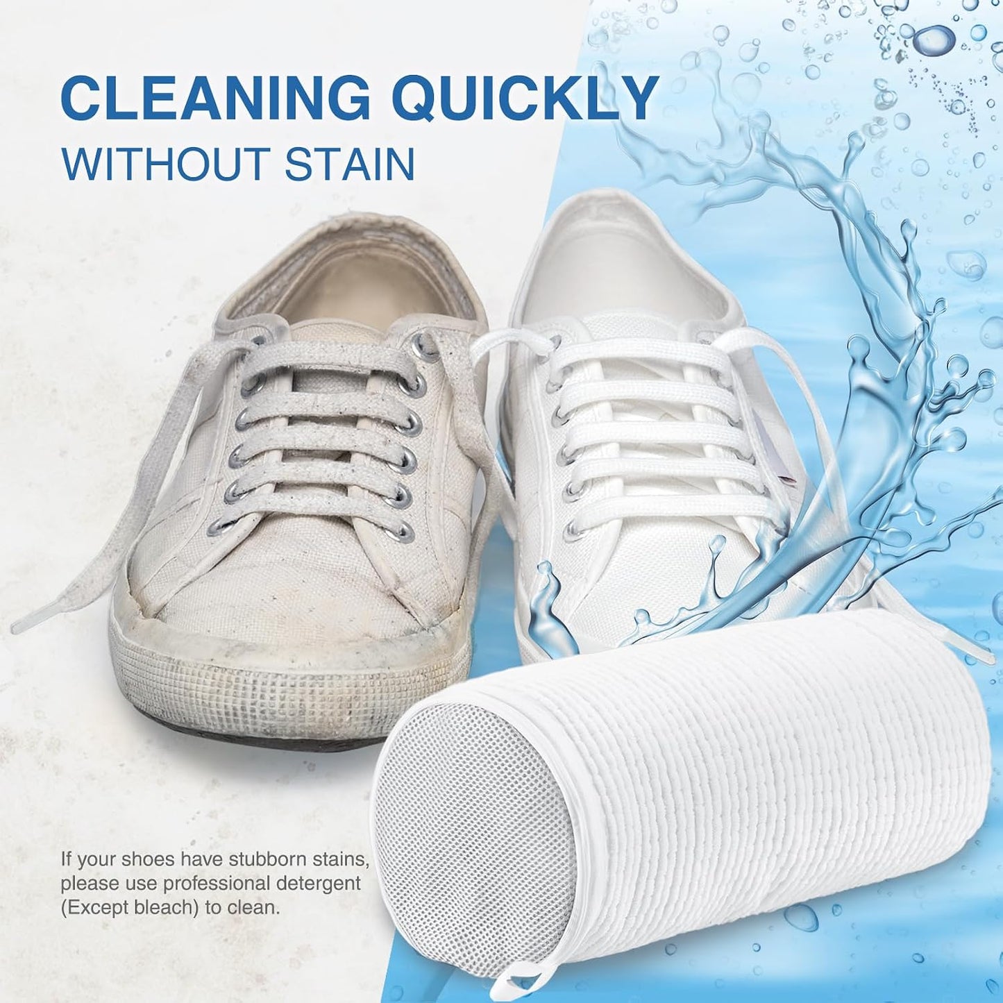 Shoe Washing Bag for Washing Machine, Fluffy Fibers Keep 360° Wrap-around Cleaning, Adjustable Shoe Trees, Durable Hidden Zipper Reusable Laundry Bag for Sneaker Gym Shoes White