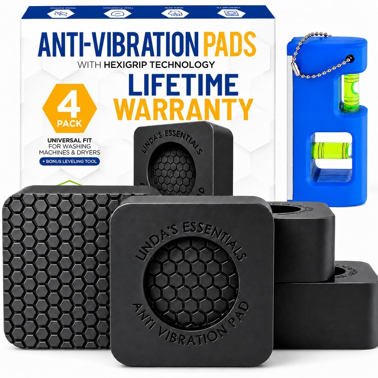 Anti Vibration Pads for Washing Machine and Dryer (Set of 4) - Washer Anti Vibration Pads with HexiGrip™ - Washing Machine Accessories & Leveling Pads - Vibration Dampening Mat