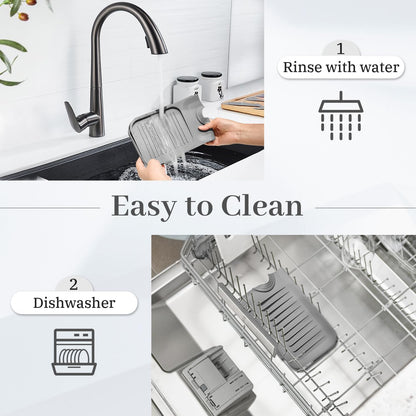 PoYang 23.6 Inch Silicone Sink Splash Guard, Kitchen Sink Mat, Light Grey | Faucet Mat with Wide Drainage & Cuttable Hole, Keeps Faucet Base Dry, Long & Short Sink Protectors for Kitchen, Bathroom & RV