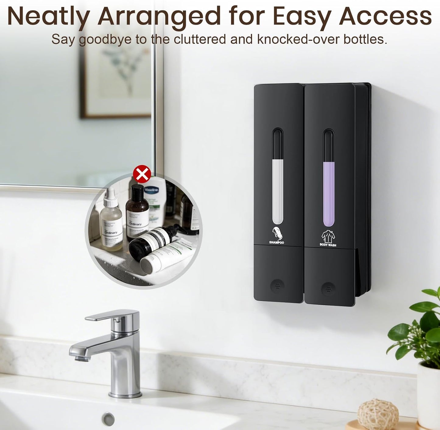 3 Chamber Shampoo and Conditioner Dispenser Set, No Drill Shower Soap | Refillable wall-mounted bottles, BPA-free. 3x400ml. Dispenses shampoo, conditioner,body wash, soap, lotion, gel. Black.