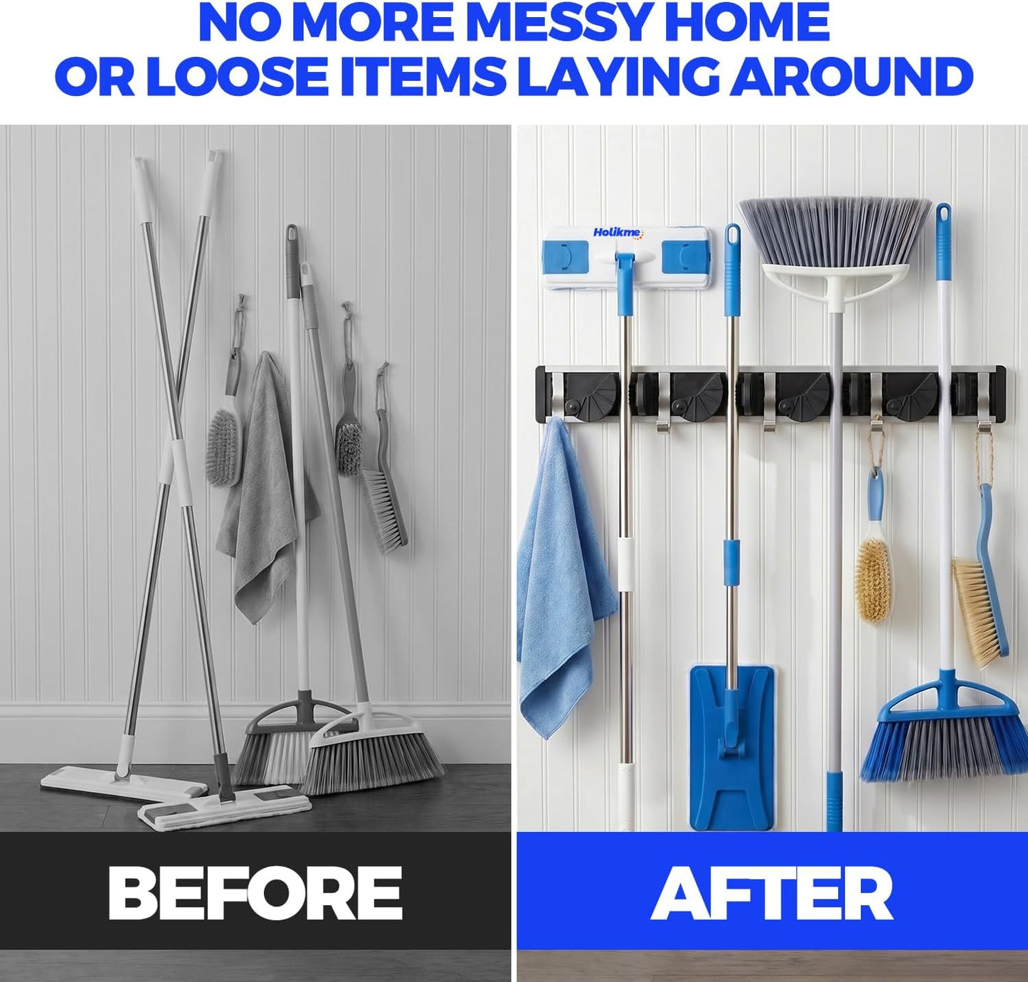 Holikme Mop Broom Holder Wall Mount Metal Pantry Organization and Storage Garden Kitchen Tool Organizer Wall Hanger for Home Goods (4 Positions with 4 Hooks, Silver)