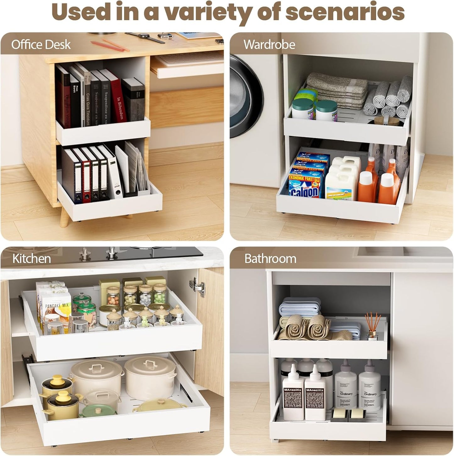 Dayacoco Pull Out Cabinet Organizer, Expandable Width (11.4"-19.4") and Depth (16.7"-21") With 3 Rails, Heavy Duty Slide out Drawers for Kitchen Base Cabinet Organization, No Drill, White