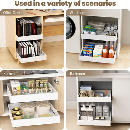 Dayacoco Pull Out Cabinet Organizer, Expandable Width (11.4"-19.4") and Depth (16.7"-21") With 3 Rails, Heavy Duty Slide out Drawers for Kitchen Base Cabinet Organization, No Drill, White