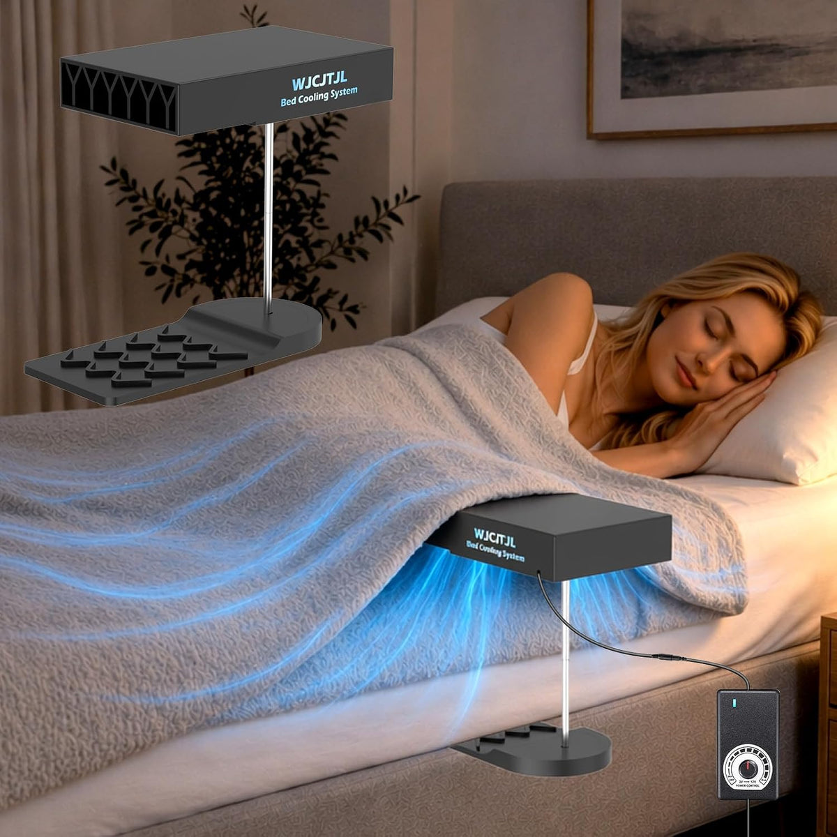 Bed Fan Under Sheets, Bed Cooling System with Adjustable Fan Speed (White)