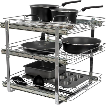 Household Essentials Glidez Multipurpose Chrome-Plated Steel Pull-Out/Slide-Out Storage Organizer for Cookware and Bakeware - 2-Tier Design - Fits Standard Size Cabinet or Shelf, Chrome