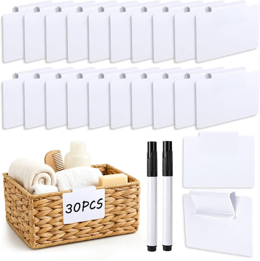 32 Pcs Basket Labels Clip On Set Reusable, Erasable PVC Kitchen Clip Label Holder, Removable Storage Bin for Basket Pantry Organization Box Tags (2 Black Markers)