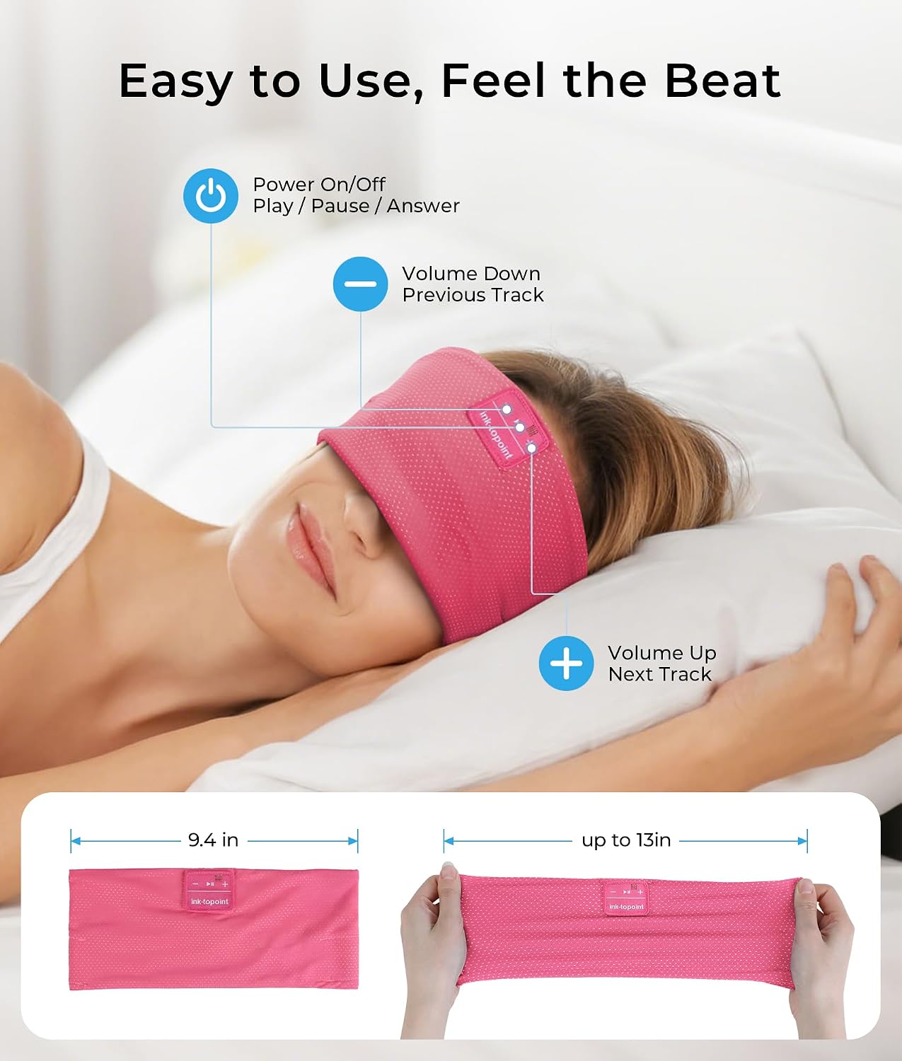 ink-topoint Sleep Headphones Bluetooth Headband, Wireless Sports Earphones | Sleeping Headphone for Side Sleepers with HD Stereo Speakers Breathable Headbands for Running, Yoga, Travel, Women&Men