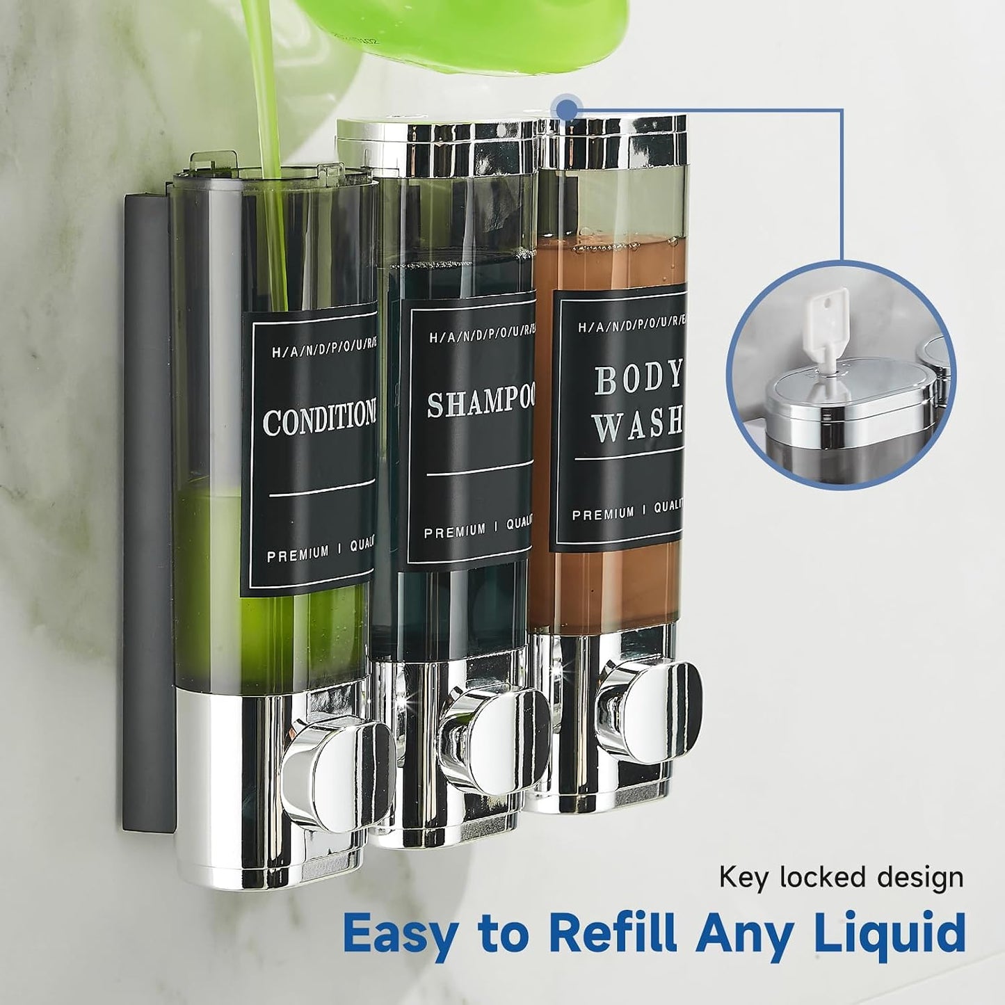 Shampoo and Conditioner Dispenser,Shower Soap Dispenser 3 Chamber No Drill Wall-Mounted Shampoo Dispenser for Shower Wall Mounted Shower Dispenser for Bathroom Hotel Large Capacity, Clear Bright
