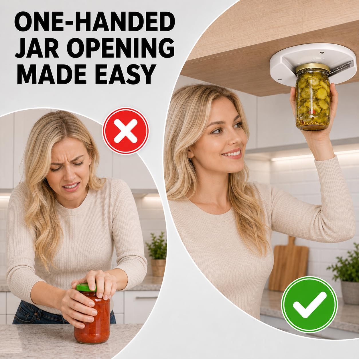 Under Cabinet Jar Opener for Weak Hands and Seniors with Arthritis, One Handed Heavy Duty Bottle and Lid Opener, Under Counter Mount Kitchen Gadget, High-Strength Adhesive and Screws Included