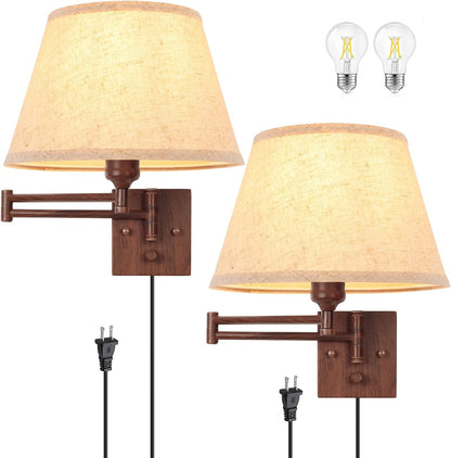 TRLIFE Wall Sconce Plug in, Dimmable Wall Sconces Set of Two Swing Arm Wall Lights with Plug in Cord and On/Off Dimmer Rotary Switch, 9.4" Medium Beige Fabric Shade(2 Pack, 2 Bulbs)