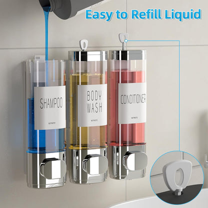 Shampoo and Conditioner Dispenser for Shower Wall Mount 3 Chamber, Black | Shower Soap Dispenser for Wall, 10.2 OZ Plastic Refillable Body Wash Bottles for Bathroom, No Drill Wall Mounted