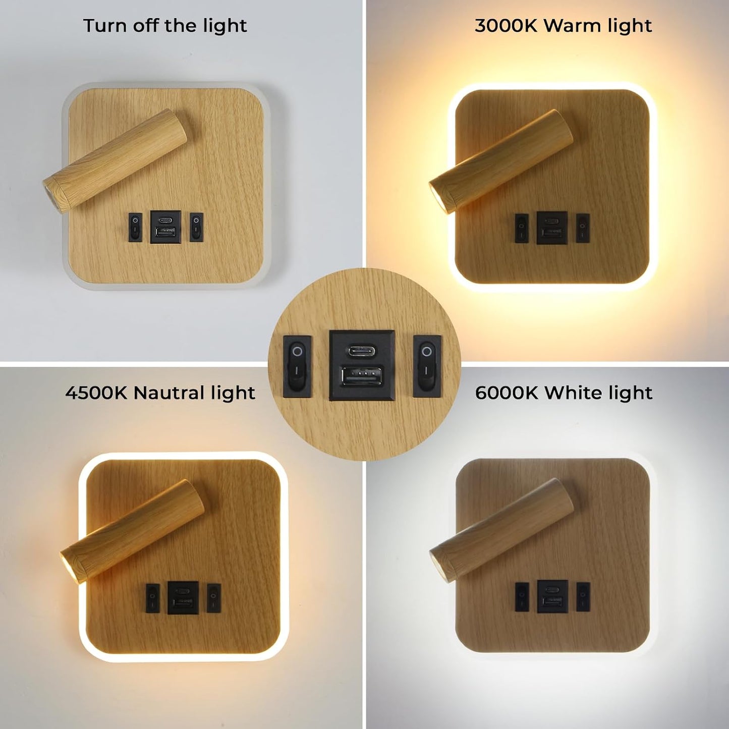 Plug in Wall Sconce with Wall Mounted Reading Lights with Switch | Wall Lamp for Bedroom with Charging Station USB C+A Ports,Bunk Bed Lights with 3W+9W Night Light,Walnut Color Reading Light