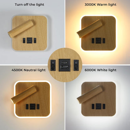 Plug in Wall Sconce with Wall Mounted Reading Lights with Switch | Wall Lamp for Bedroom with Charging Station USB C+A Ports,Bunk Bed Lights with 3W+9W Night Light,Walnut Color Reading Light