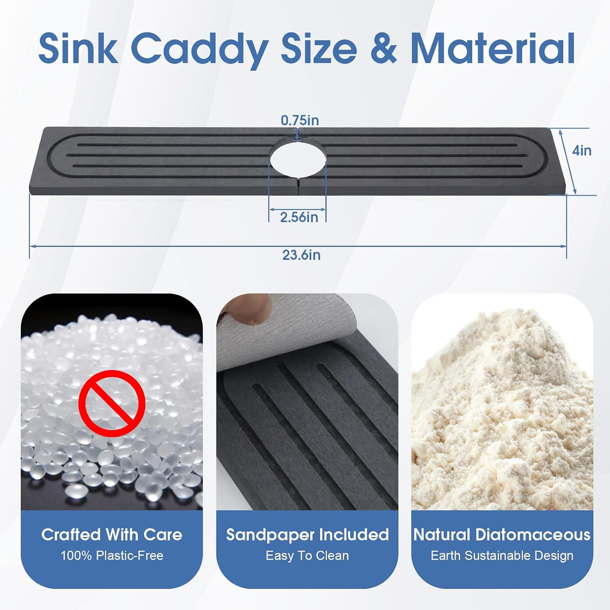 Fast Drying Stone Faucet Mat for Kitchen Sink with Raised Feet, Quick Drying Splash Guard, Faucet Splash Guard, Durable Protector for Kitchen, Bathroom Counter, Dark Gray, 15.8" x 4"
