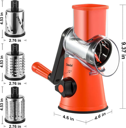 Geedel Rotary Cheese Grater, Kitchen Mandoline Vegetable Slicer with 3 Interchangeable Blades, Easy to Clean Rotary Grater Slicer for Fruit, Vegetables, Nuts | 3 Blades, 430 Stainless Steel, 12x Fast Cutting, Strong Suction Base, No BPA, Dishwasher Safe,