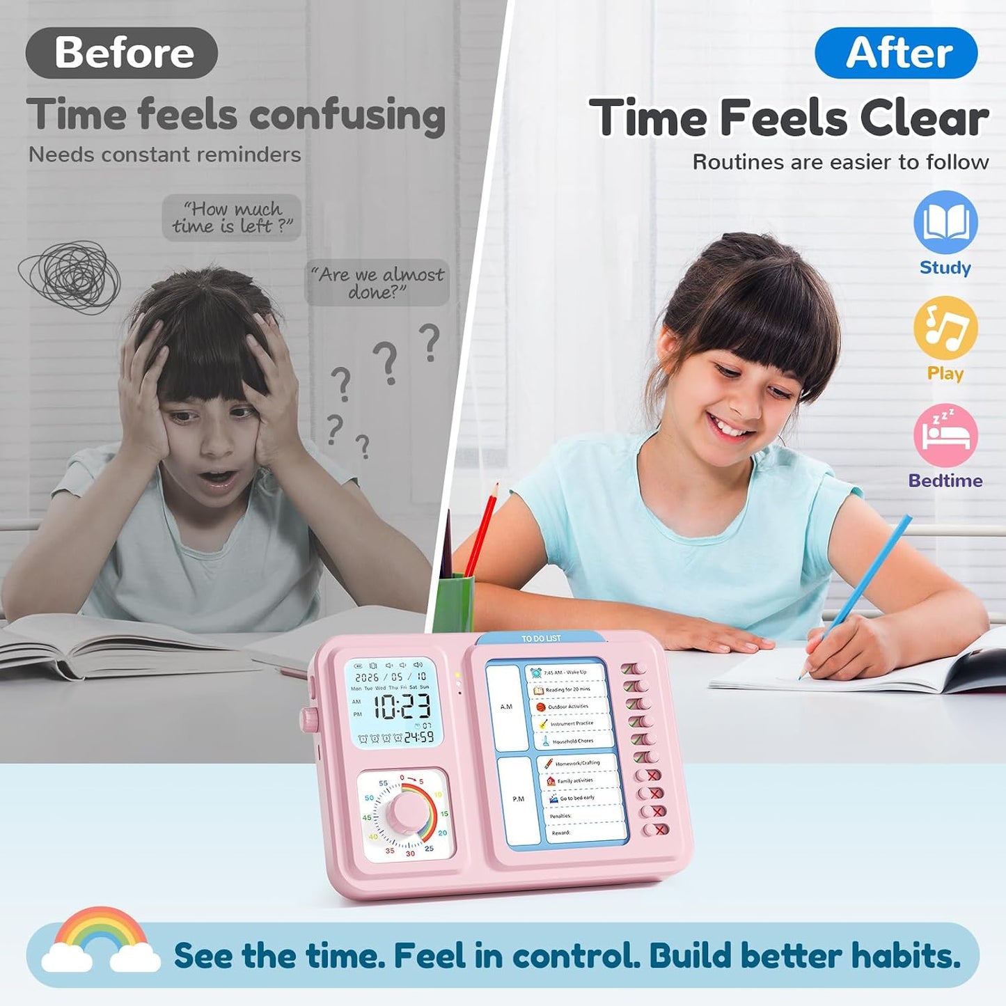 3-in-1 Visual Timer for Kids, Chore Chart for Kids, Visual Schedule（Blue） | To do list board, routine chart for home, school, classroom, ADHD/autism visual support, checklist, silent vibration alerts