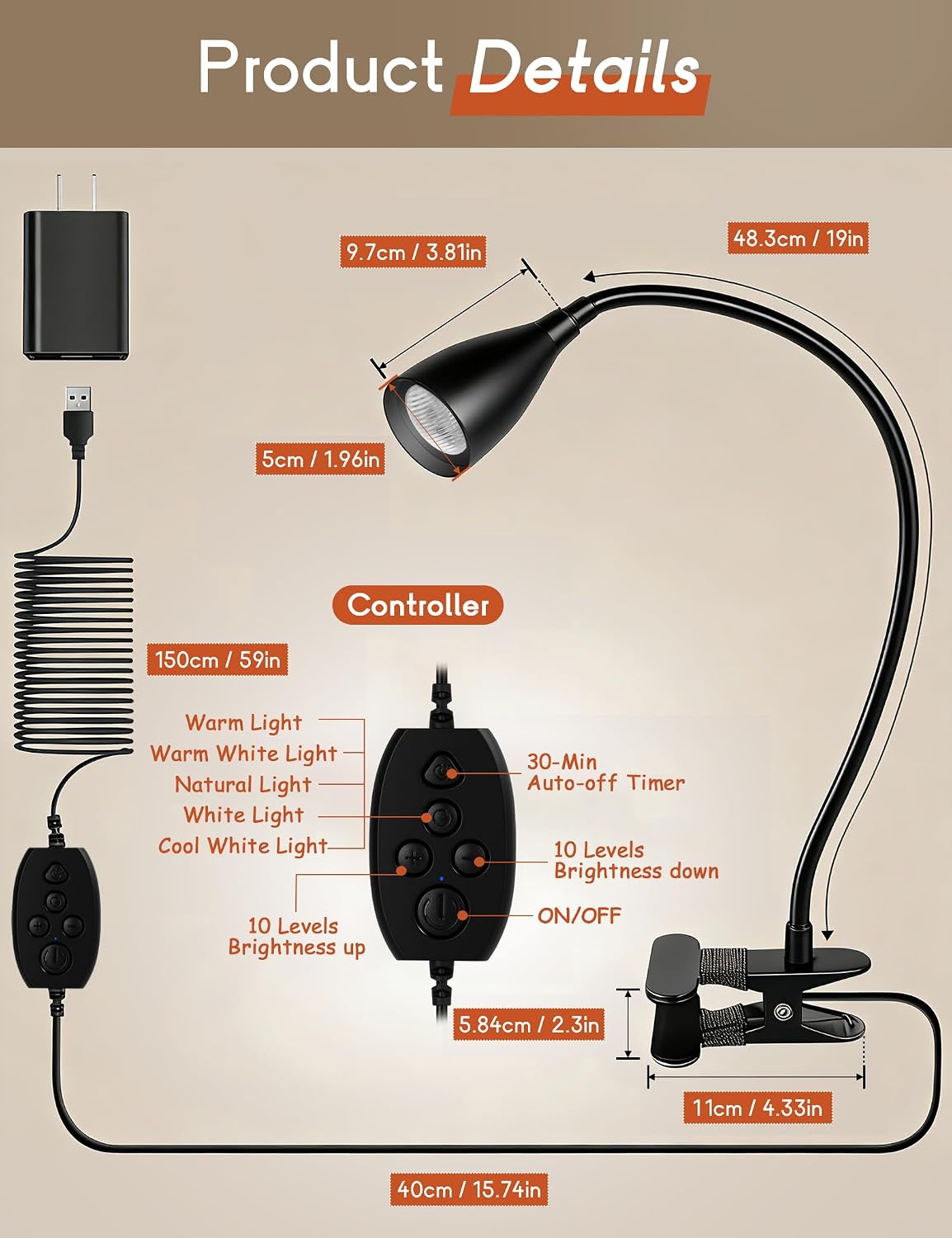 Reading Light for Book in Bed,Clip on Light Reading Lamp with Adapter Black