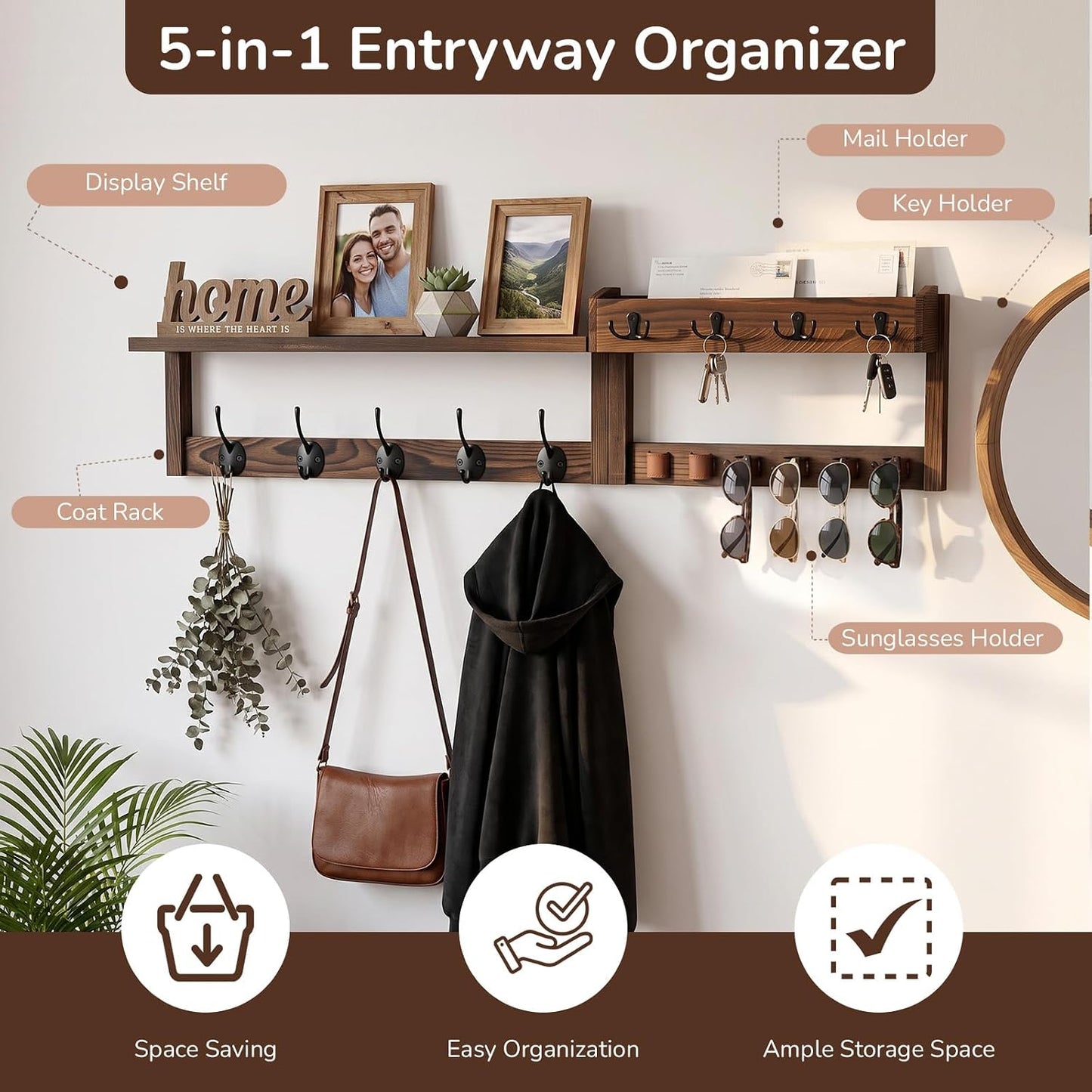 Wooden Key Holder Wall Mount with Shelf, Wall Key Rack and Mail Holder with 9 Key Hooks and 6 Sunglasses Holders, Farmhouse Key Hanger for Entryway Living Room Bedroom, Rustic Brown