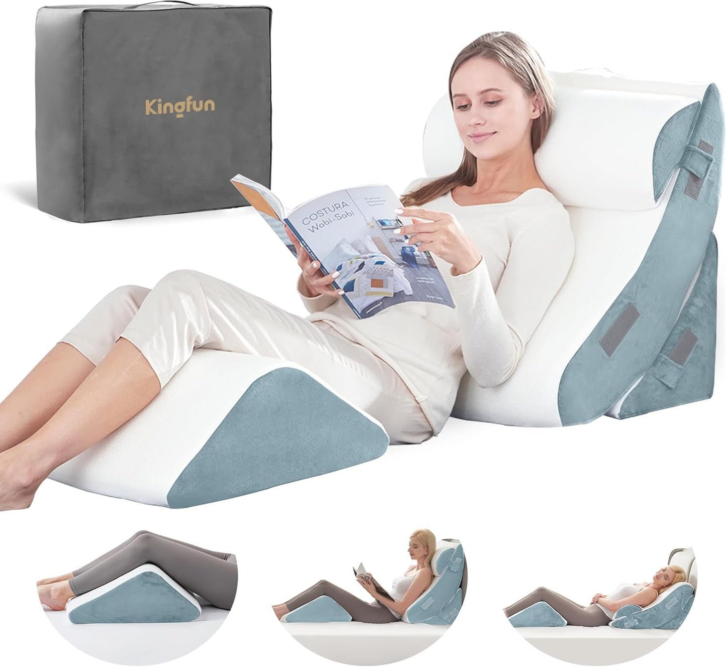 Kingfun 4PCS Orthopedic Bed Wedge Pillow Set for Sleeping, Post Surgery Memory Foam Support Pillows for Back, Neck and Leg Pain Relief, Adjustable Triangle Pillow - Acid Reflux, Anti Snoring & GERD