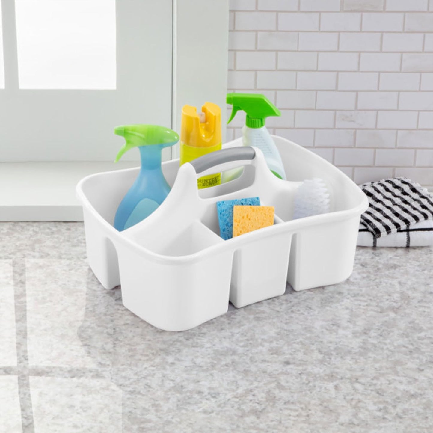 Sterilite Divided Ultra Caddy Storage Organizer for Bathroom, White, 4-Pack | Large Organization Holders and Stackable Plastic Containers for Toilet, Sink, Laundry, and Kitchen Cleaning Supplies