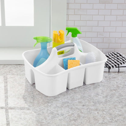 Sterilite Divided Ultra Caddy Storage Organizer for Bathroom, White, 4-Pack | Large Organization Holders and Stackable Plastic Containers for Toilet, Sink, Laundry, and Kitchen Cleaning Supplies